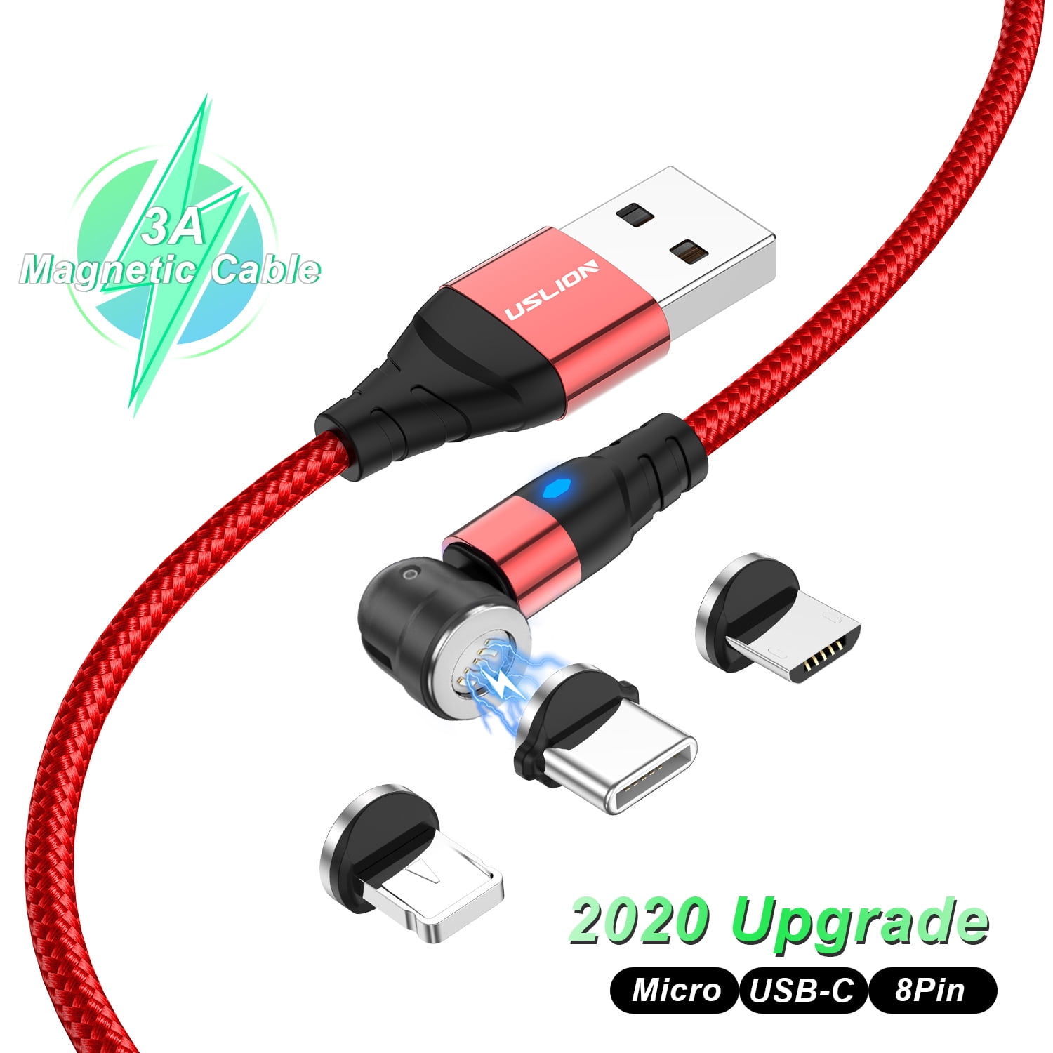 3A Magnetic Micro USB Type C Cable Phone Accessories Charging For iPhone 7  8 Plus Xr 11 Xiaomi Redmi Charger 540 Rotation(1M Red) - Walmart.com