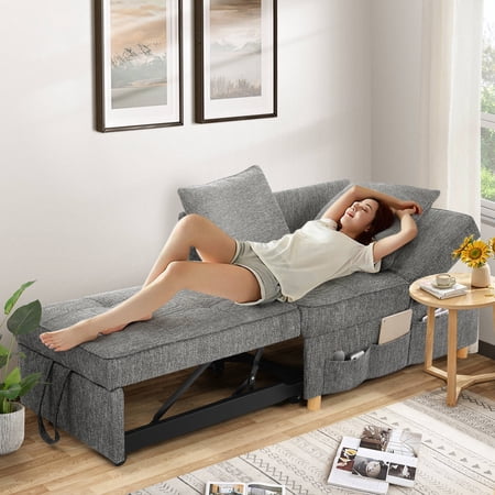 SEJOV Linen Sofa Beds Chair, 4 in 1 Convertible Chair Sleeper Bed with 5 Adjustable Backrest and 2 Pillows, Dark Gray