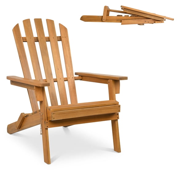 Patiojoy Folding Acacia Wood Adirondack Chair Natural 105° Patio Lounge for Fire Pit with 30" High Backrest
