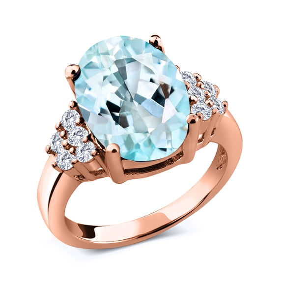 Gem Stone King 6.56 Ct Oval Sky Blue Topaz E-F Lab Grown Diamond 18K Rose Gold Plated Silver Ring (Size 6)