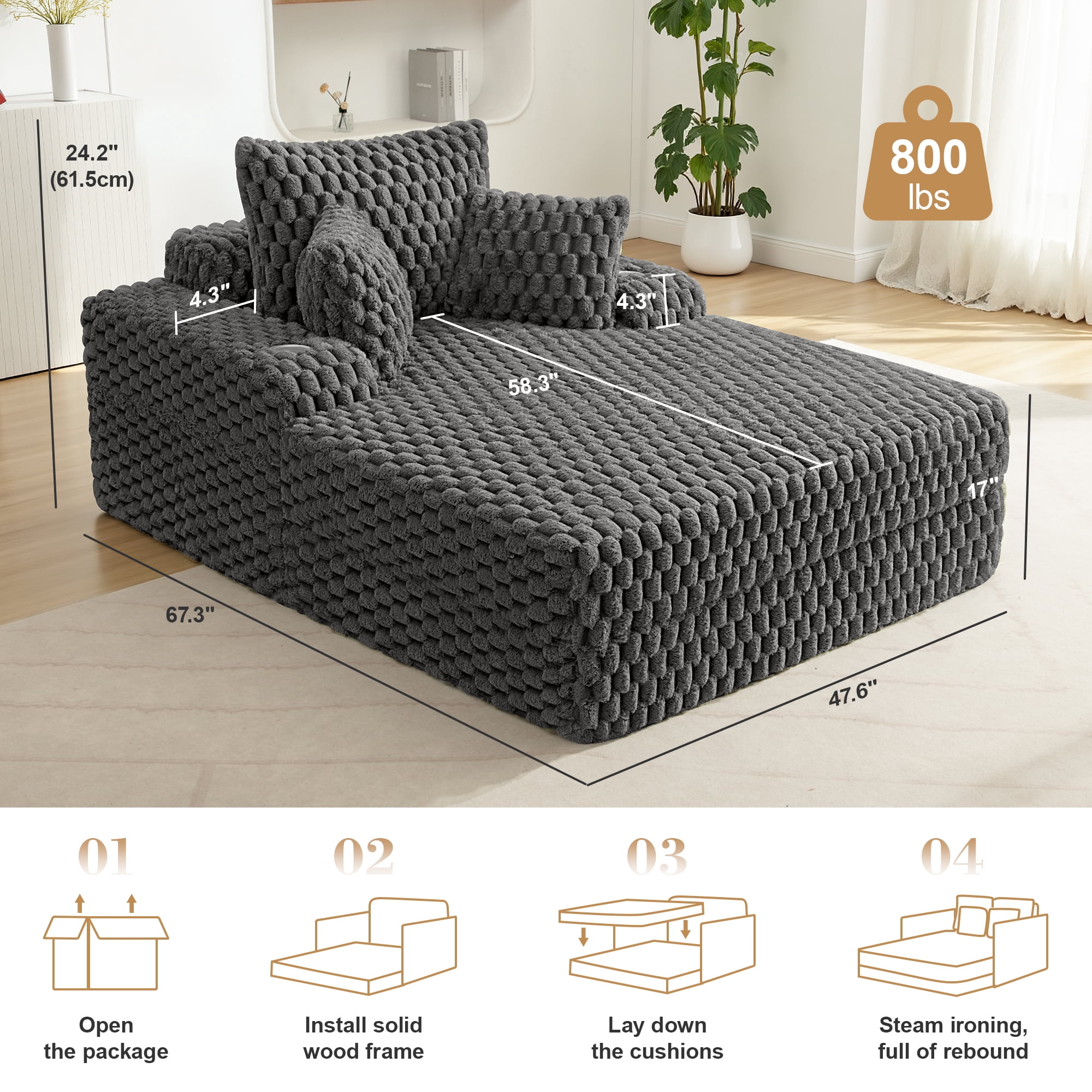 COOLHUT 46.7" W Oversized Floor Chaise Lounge Chair Sofa with Cup Holders, Cloud Plush Floor Sofa Bed Upholstered Deep Seat Sleeper Reading Chair Couch for Living Room, No Assembly, Gray