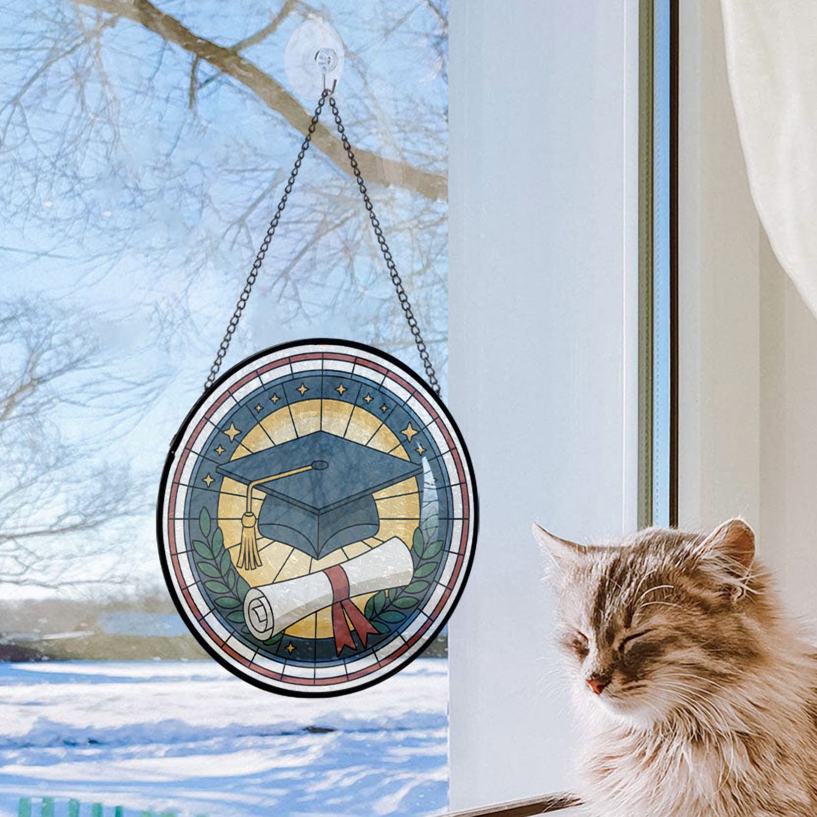 Graduation Cap & Diploma Stained Glass Suncatcher Window Hanging – Holiday Window Hanging Gift for Family, Friends, Men or Women, Christmas 2025 Tree Keepsake