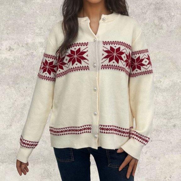 Aobny White 2024 Womans Sweaters Fair Isle Long Sleeve Crew Neck Button Up Graphic Cardigan Ladies Sweaters Trendy