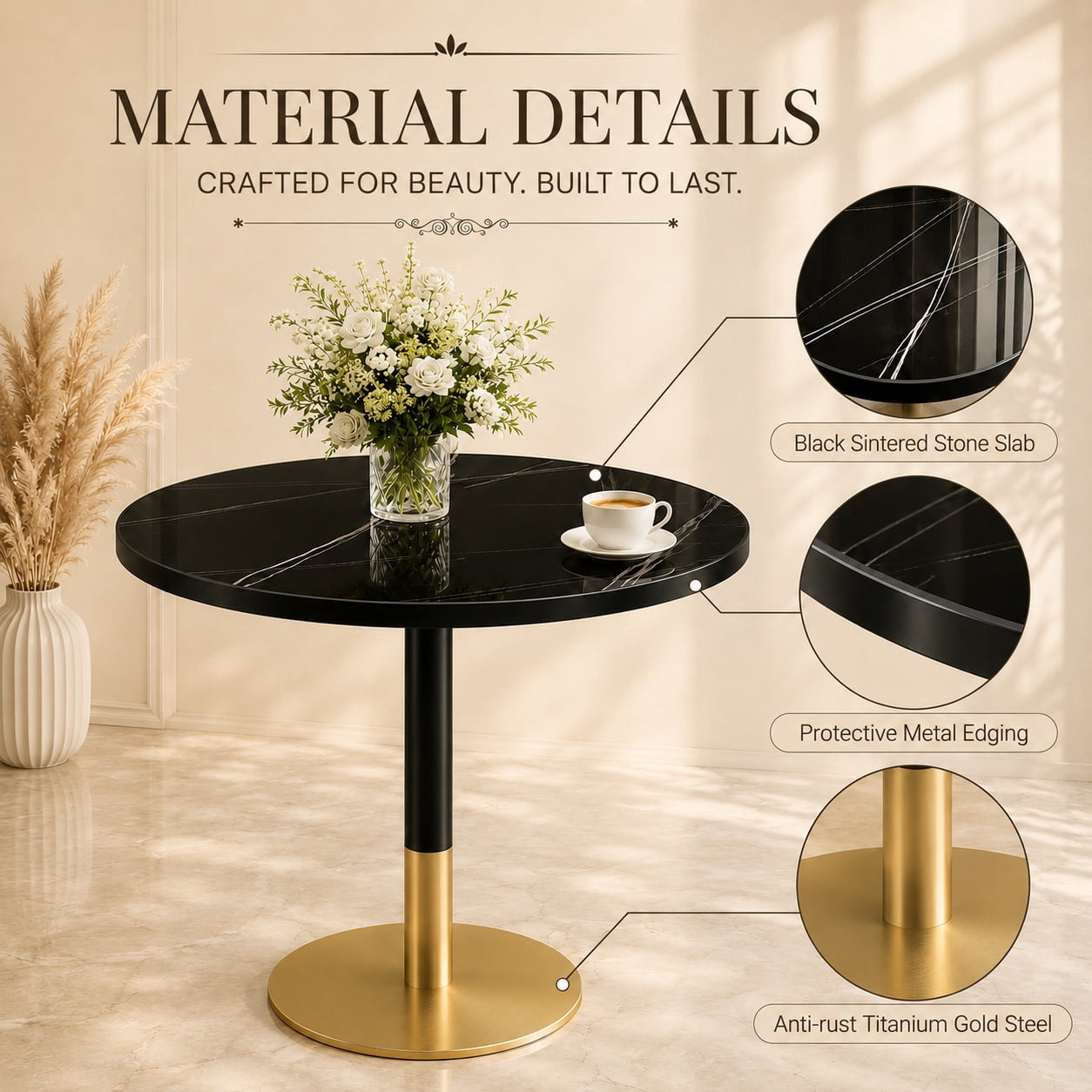 Aukfa 31.5" Round Sintered Stone Dining Table for 2-4, Kitchen Table Tulip Table with Gold Pedestal Base for Bistro Small Apartment,Nero Black