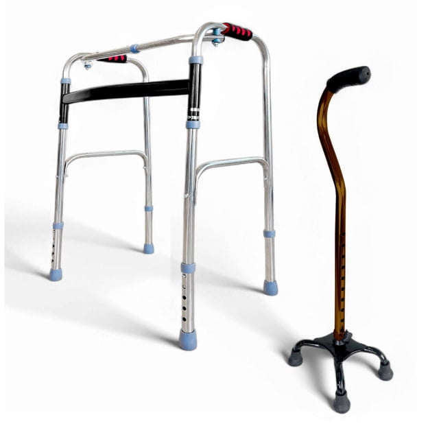 Baston Adultos 4 Apoyos + Andadera Ortopedica Plegable cafe UNICO