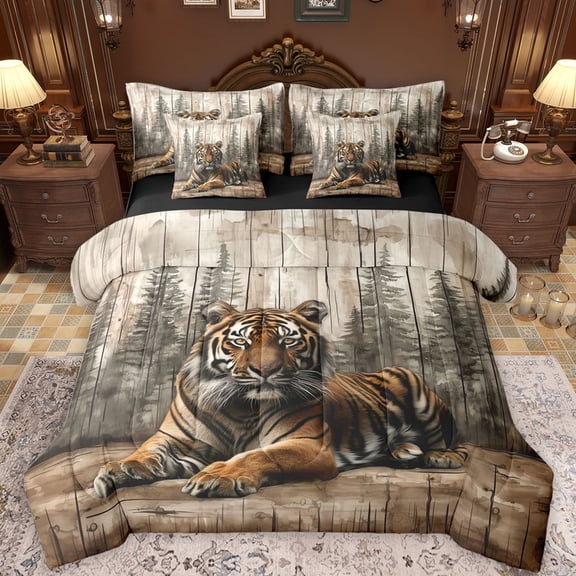 Feelyou 3D Wildlife Tiger Bedding Comforter Set 7pcs for Teens, Rustic Jungle Animal Queen Bedding Sets, Farmhouse Cabin Reversible Queen Sheet Sets, Breathable Home Decor