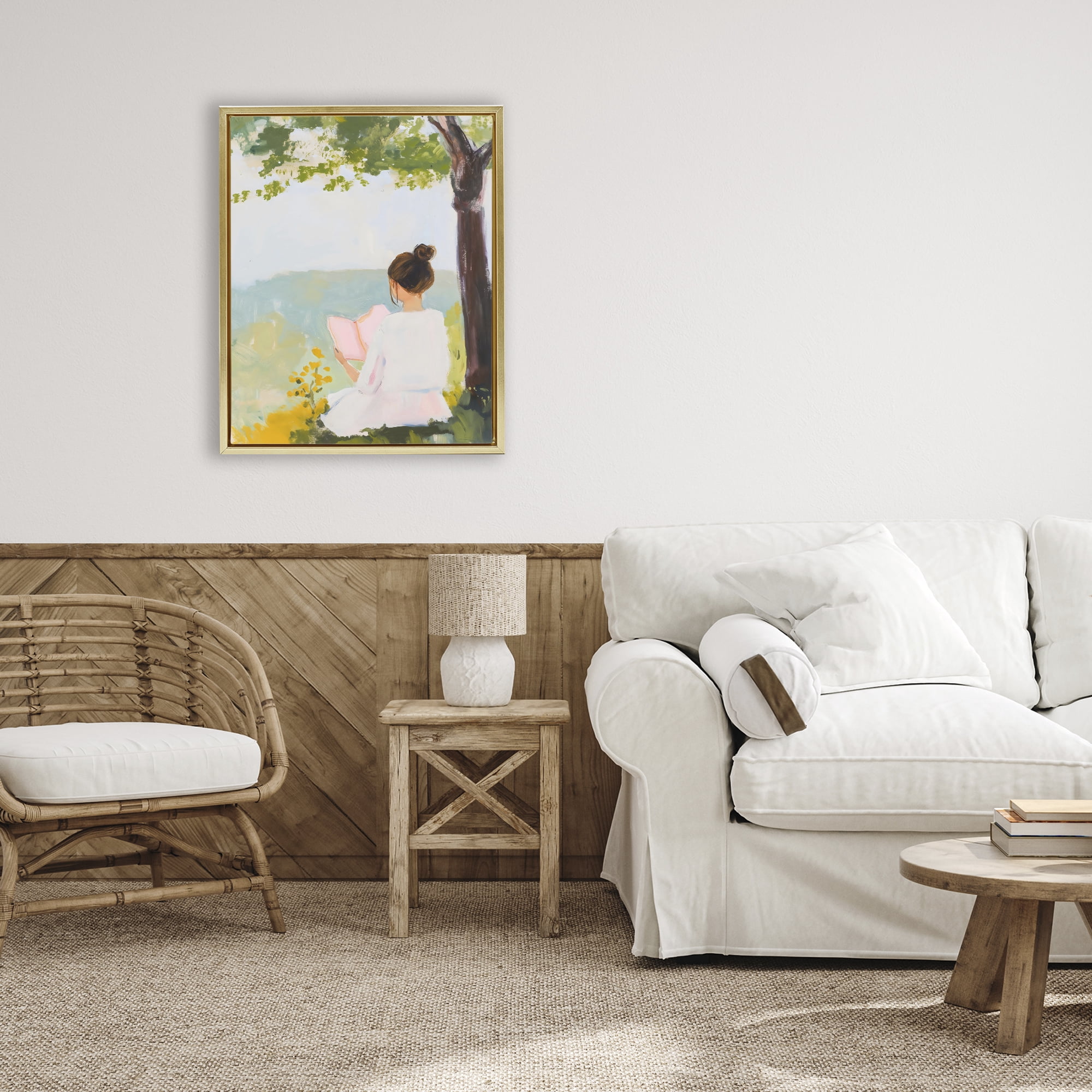 Stupell Industries Girl Reading in Nature Gold Framed Floater Canvas Wall Art, design by The Prints Vibe