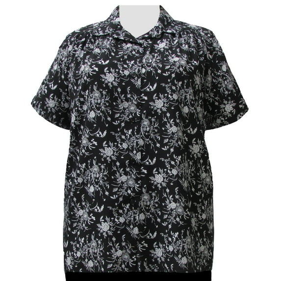 A Personal Touch Women's Plus Size Short Sleeve Button-Up Print Blouse with Shirring - Black & White Wildflowers - 4X