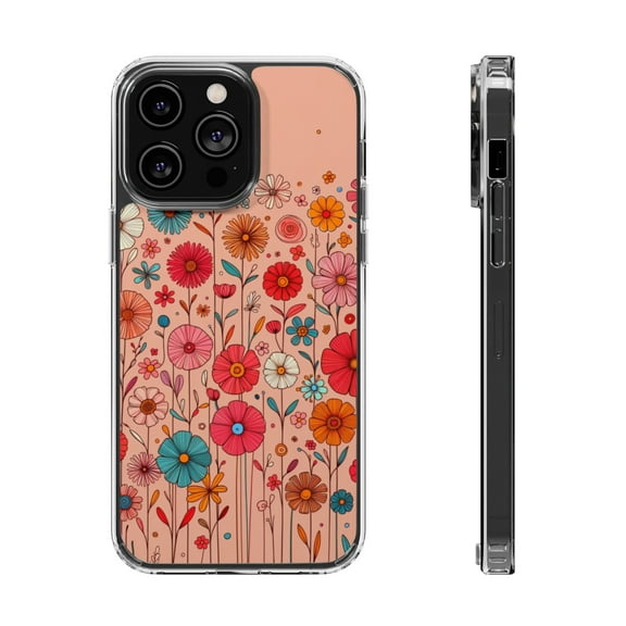 DistinctInk Hybrid (Acrylic / TPU) Clear Slim Fit Case for Apple iPhone 13 Pro MAX (6.7" Screen) - "Vibrant Minimalist Cartoon Flowers in Bloom"