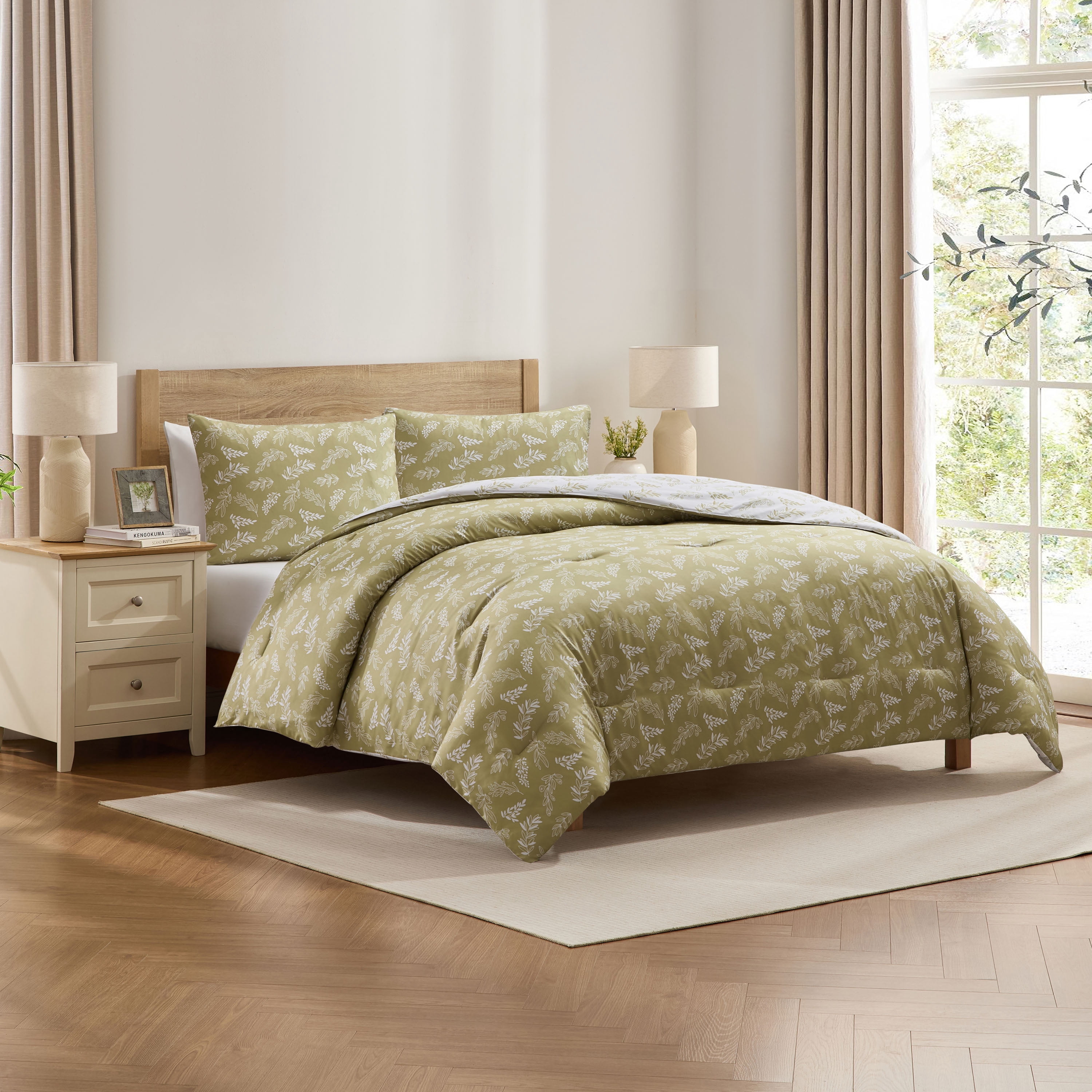 LammaLoe Full Size Comforter Sets, 3 Piece Botanical Bed in a Bag, Reversible Bedding Comforter Set with Sheets, Modern Bed Set, Olive Grove/White