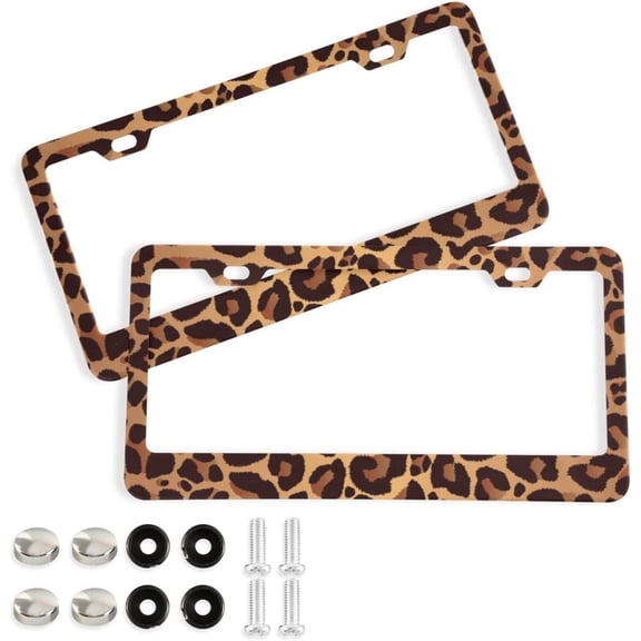 Coolnut Leopard License Plate Frames 2 Pack, Waterproof Aluminum Alloy Car Tag Holder 2 Holes License Plate Covers with Screw Caps Auto Accessories