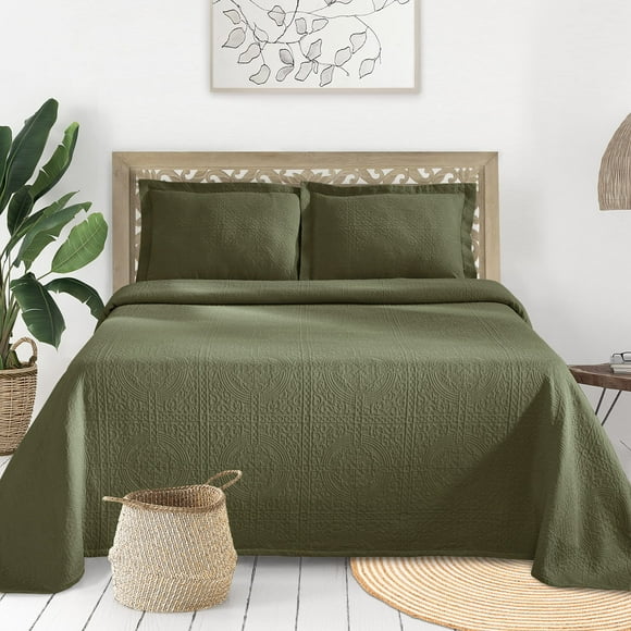 SUPERIOR Jacquard Matelasse Fleur De Lis 100% Cotton Medallion 3-Piece Bedspread Set - King, Sage