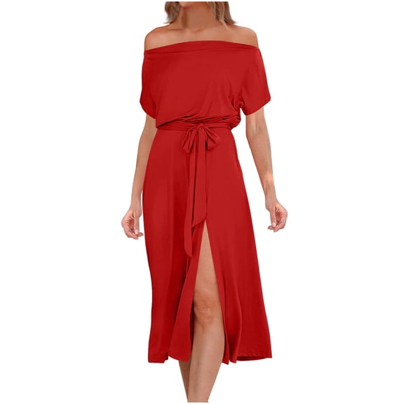 Sexlip Womens Off Shoulder Side Split Mini Dress Stretchy Elegant Dating Cocktail Party Dress Red M