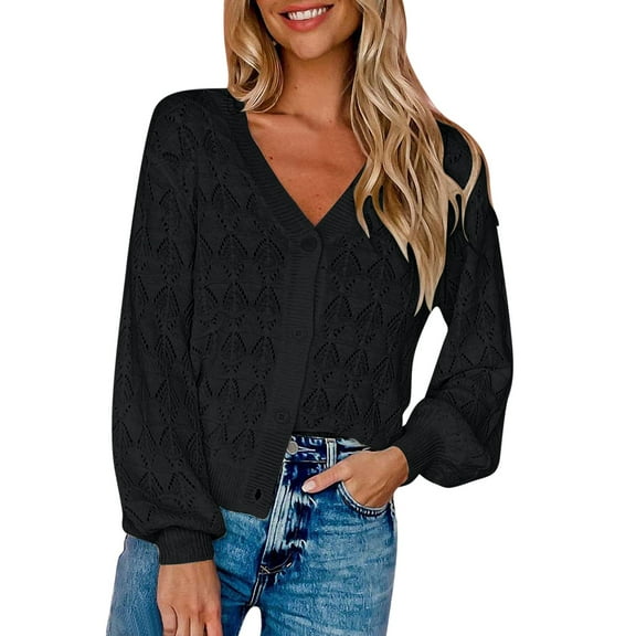 Lovskoo Short Cardigan Sweaters for Women Long Sleeved Crochet Shawl Front Open V-Neck Button Down Knit Tops Black