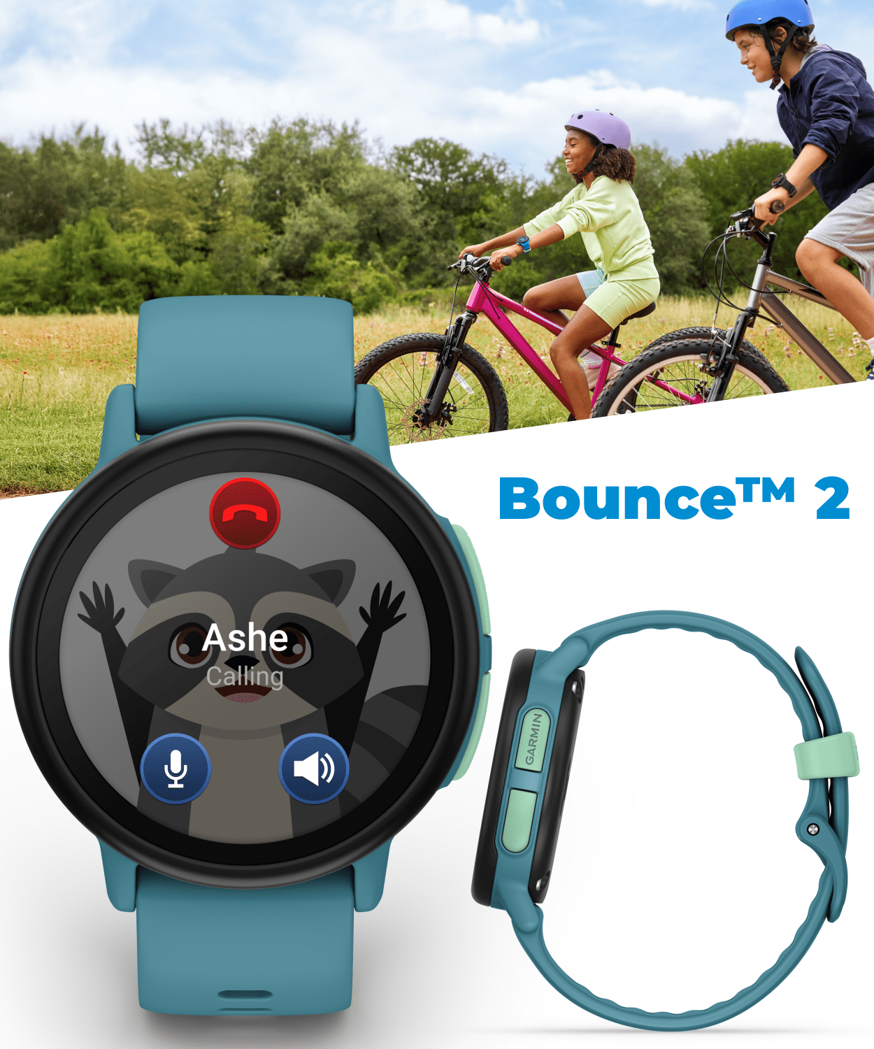 Garmin Bounce 2 Kids Smartwatch with LTE – Two-Way Calling, Text Messaging, Real-Time GPS Tracking, Swim-Friendly AMOLED Display, Music, Turquoise w/Wearable4U PowerBank Bundle