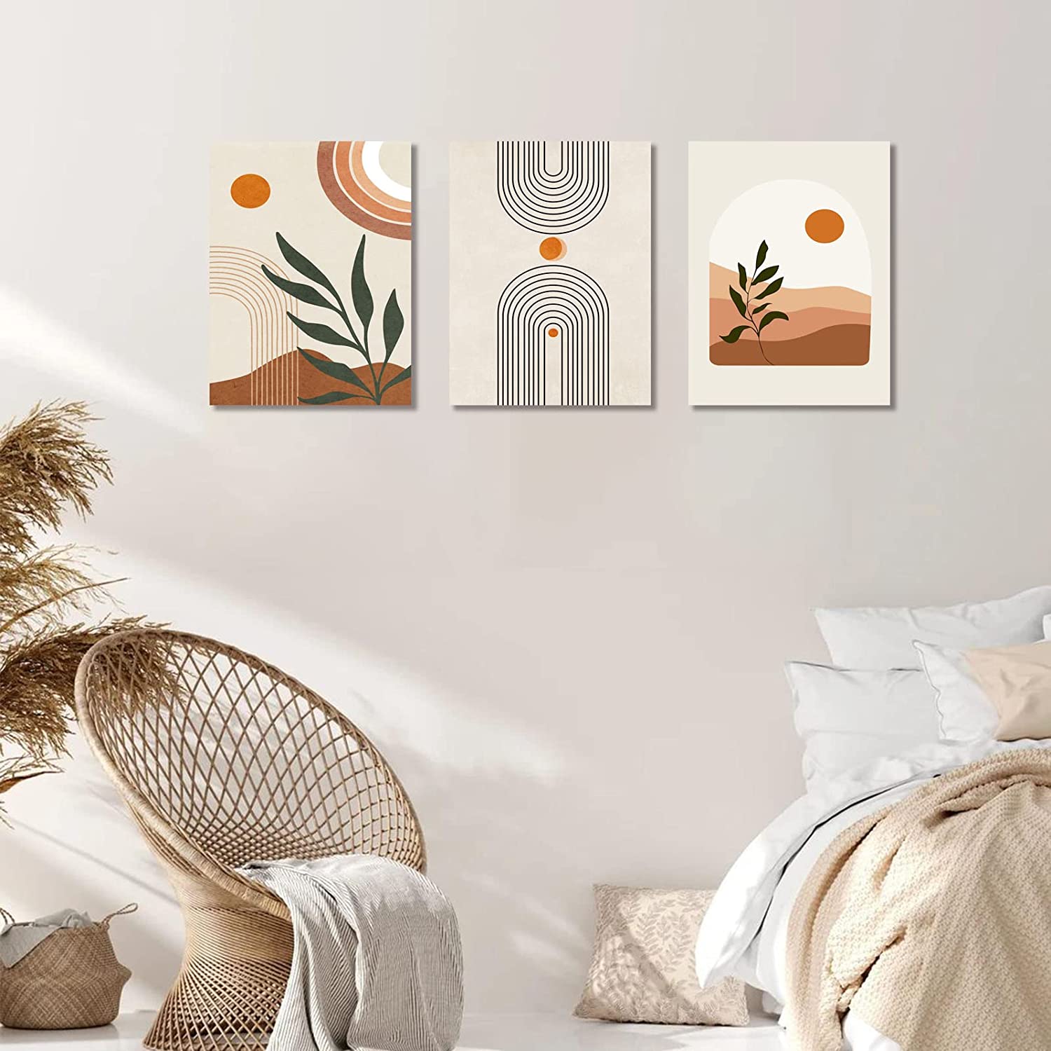 Boho Wall Art Set of 3, Mid-Century Modern Wall Prints Framed Canvas  Paintings Minimalist Abstract Geometric Beige Orange Moon Plant Desert  Nature Illustrations Artwork, Boho Wall Decor(12