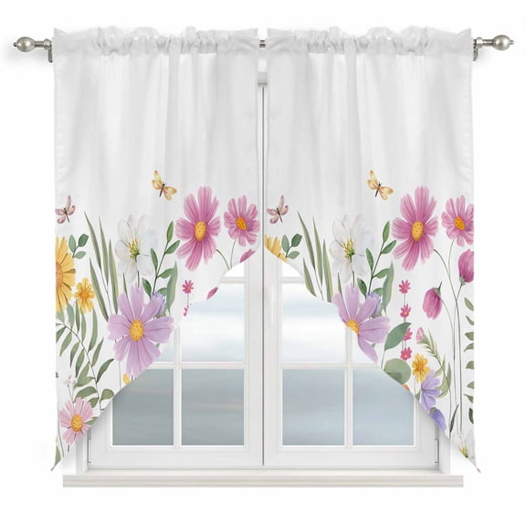 Botanical Floral Kitchen Window Curtains, Swag Curtains Valance for Bedroom Living Room Bathroom, Spring Colorful Flowers Butterfly Rod Pocket Window Treatment Curtain Block Drapes 2 Panels 28"x36"