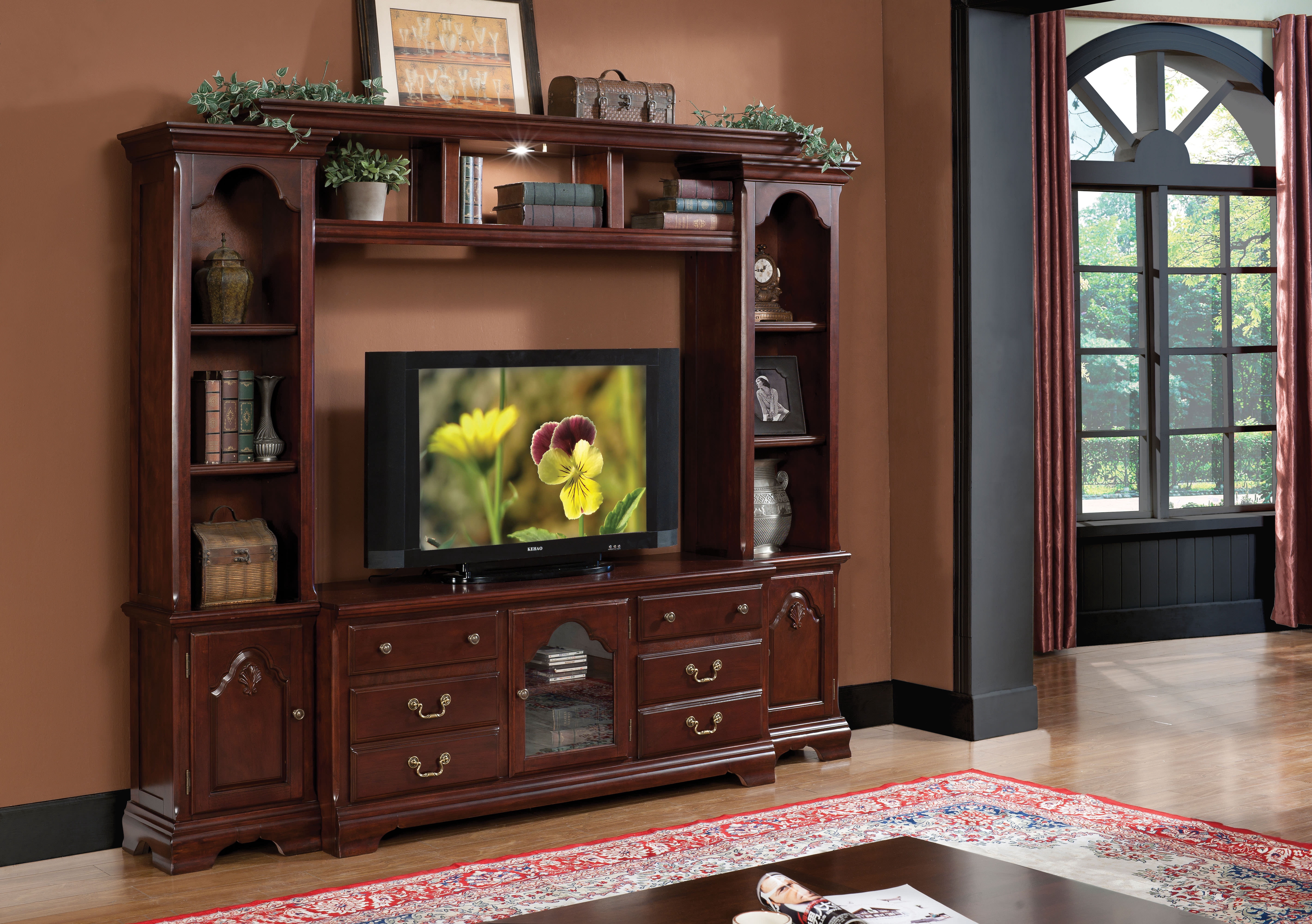 Acme Furniture Hercules Entertainment Center with Shelf Bridge and 2 Side Piers, Cherry Finish