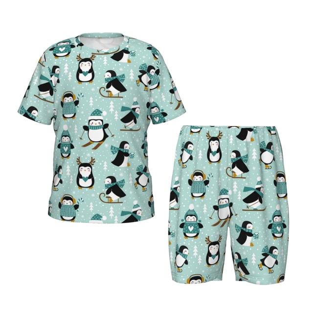Fotbe Winter Skiing Penguin Pijama Estampada de 2 Piezas para Niños – Ropa de Dormir de Manga Corta Cómoda para Niños y Niñas, Camiseta y Shorts de Algodón-Large