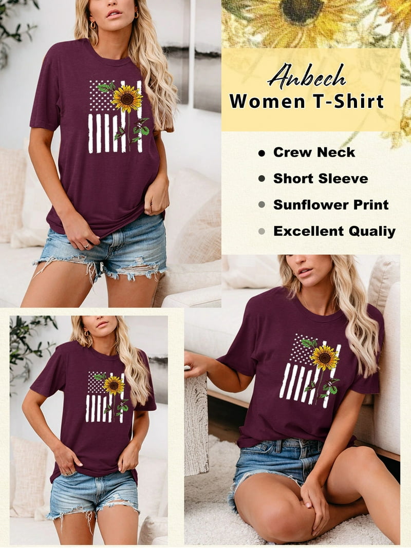 Anbech Women's Sunflower Print Short Sleeve T-Shirt | Cute Graphic Tee, O-Neck, Loose Casual Fit - Size S Yellow
