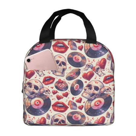 Insulated Lunch Bag for Women Men - record rock Skull lips Leakproof Cooler Lunch Box for Women Men  Lunch Tote Bags for Work School Picnic Travel