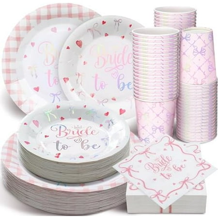 120 Pcs Bridal Shower Plates Iridescent Bow Plates and Napkins Bridal Shower Dinnerware Set Coquette Party Supplies Serve 24 Guests Bride to Be Disposable Tableware Set for Engagement