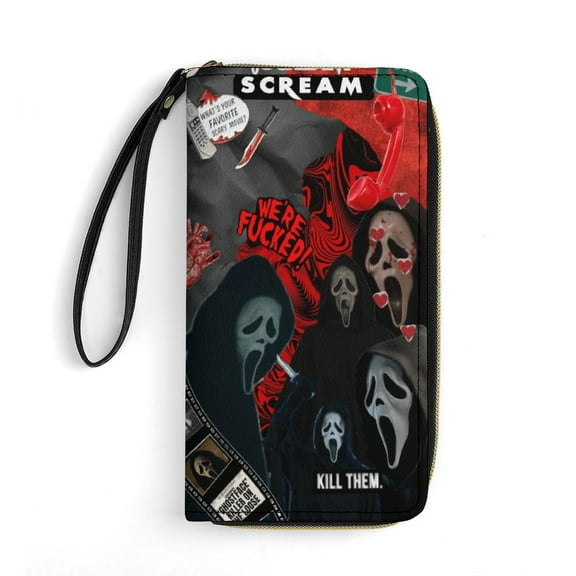 Ghostface Leather Wallet with Wristlet Credit Card Holder Zipper Clutch Stylish Purse for Women Men