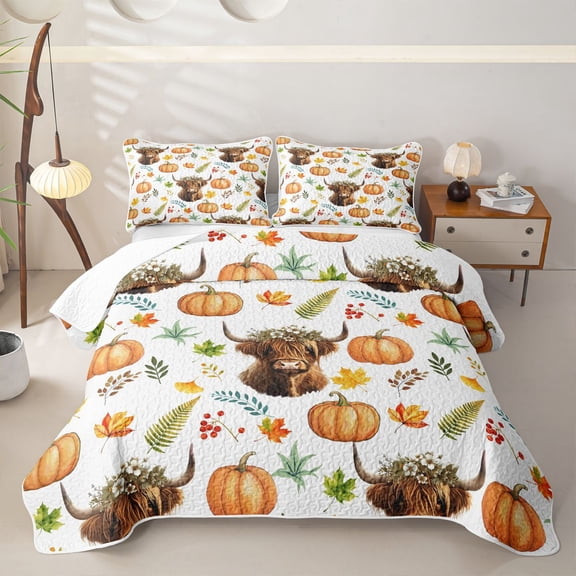 Homewish Watercolor Highland Cow Twin Quilt Set, Pumpkin Maple Leaf Twin Coverlet Set, White Orange Green Brown, 2 Pieces 1 Bedspread and 1 Pillowcase