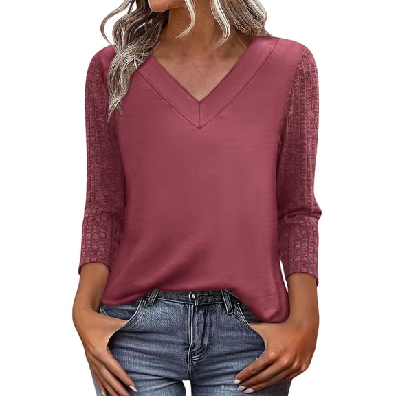 TKLPEHG 3/4 Sleeve Tops for Women Slim Fit Three Quarter Sleeve Tshirts Soft V-Neck Solid Color Spring Lightweight Shirt (Purple,S)