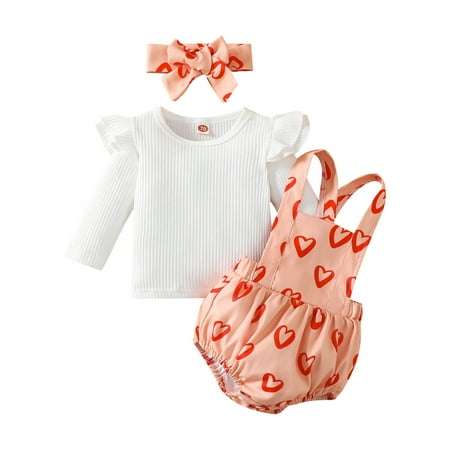 

Heart Printed Baby Girls Outfits Long Ruffle Trim Sleeve Solid Top Love Print Suspender Pant With Headband 3PCS Children Kids Spring Summer Casual Cartoon Fashion Outwear Streetwear Sets