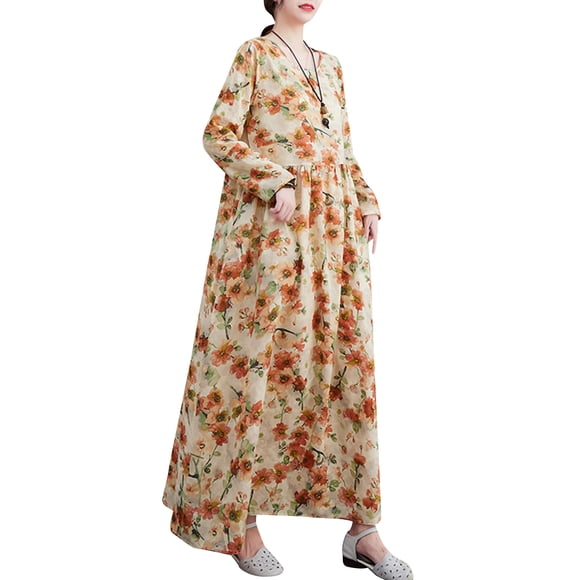 Graflsoa Floral Print High Waist Casual Dress with Long Sleeves, Lightweight and Breathable, Yellow Floral Pattern, Size M (Asian) / 4 (US)