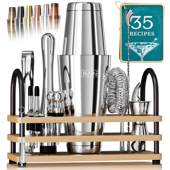 BARE BARREL® Mixology Bartender Kit Bar Set | 14-Piece Cocktail Shaker Set | Martini Barware Mixing Tools for Home Bartending | 35 Recipe Cards |