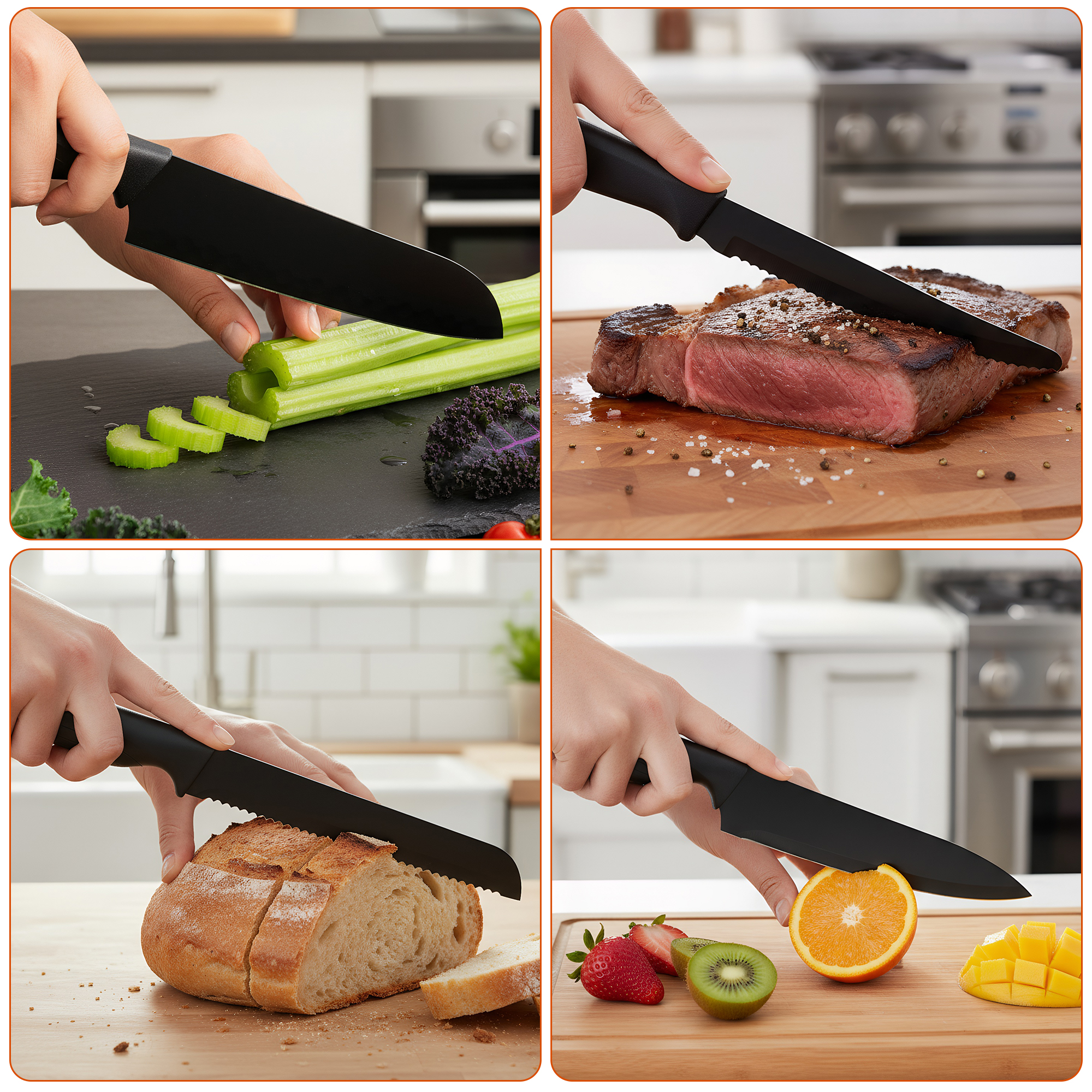 HDJ Kitchen Knife Set, 14Pcs Knife Set with Block and Built-in Sharpener, Healthy Anti-Rust Coating, Black