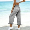 thumbnail image 2 of AKOEE Cute Summer Capris Plaid Print Smocked High Waist Wide Leg Capri Pants Pockets Ruffle Hem Casual Beach (S, Black), 2 of 7