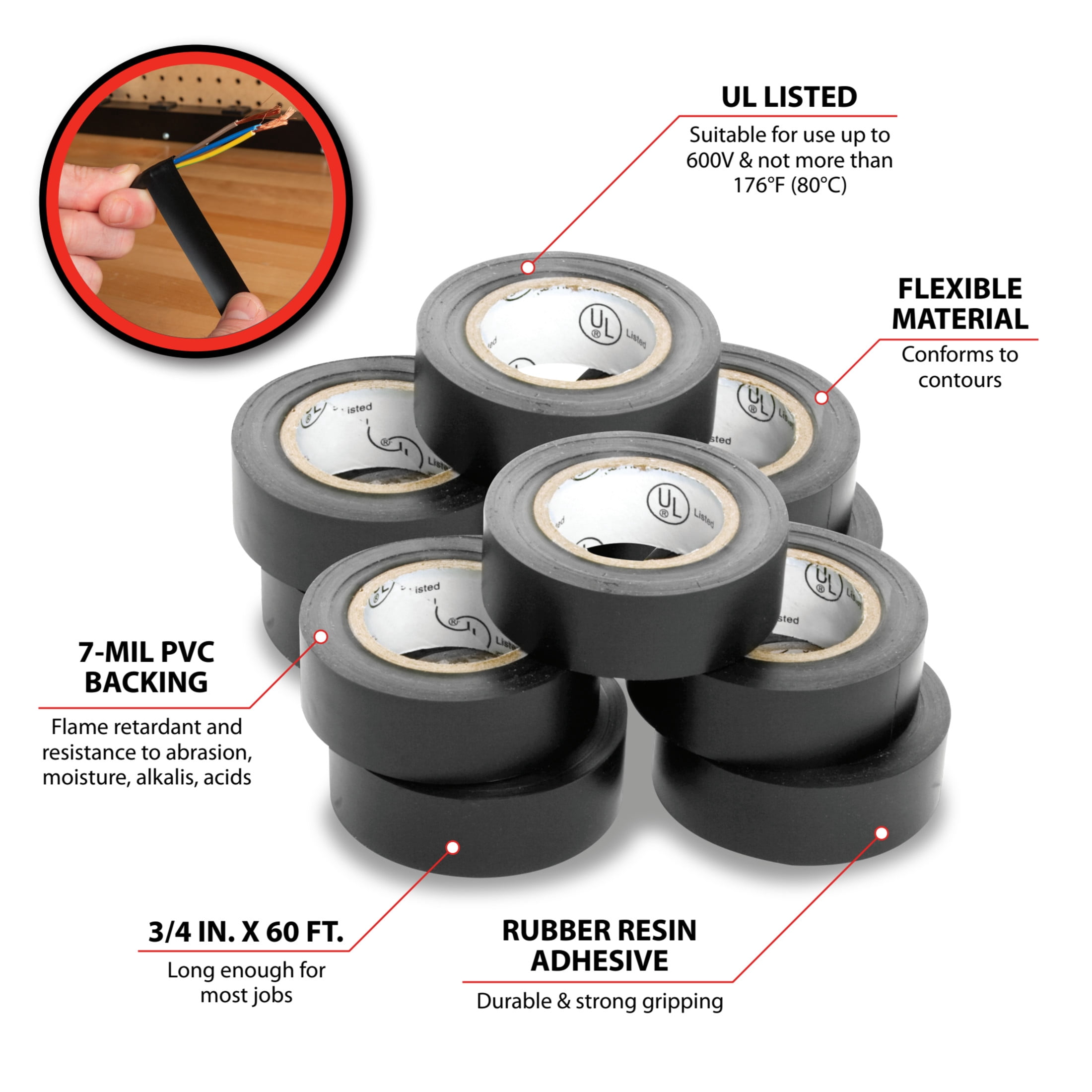 Performance Tool W500 60 foot x 3/4 inch Electrical Tape - Wiring Insulation, Electrical Connection Adhesive, 600V, High Temp Tape - Pack of 10, Black