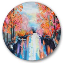 Designart 'The River Through Orange Autumn Forest' Lake House Circle Metal Wall Art 29x29 - Disc of 29