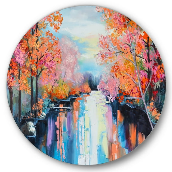Designart 'The River Through Orange Autumn Forest' Lake House Circle Metal Wall Art 29x29 - Disc of 29