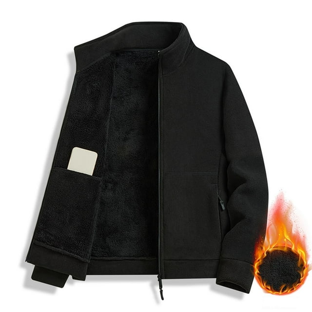 Men's Thick Fleece Jacket with Zipper Pockets and Stand-Up Collar for Warm Outdoor Protection