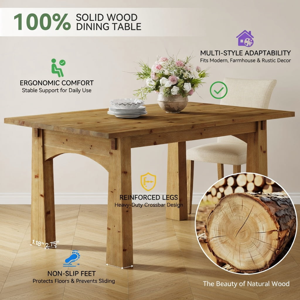Hommoo Rustic Solid Wood Dining Table, 63 Inch Rectangular Kitchen Table for 4 to 6 People, Grain Farmhouse Table with Sturdy Wooden Legs, Natural