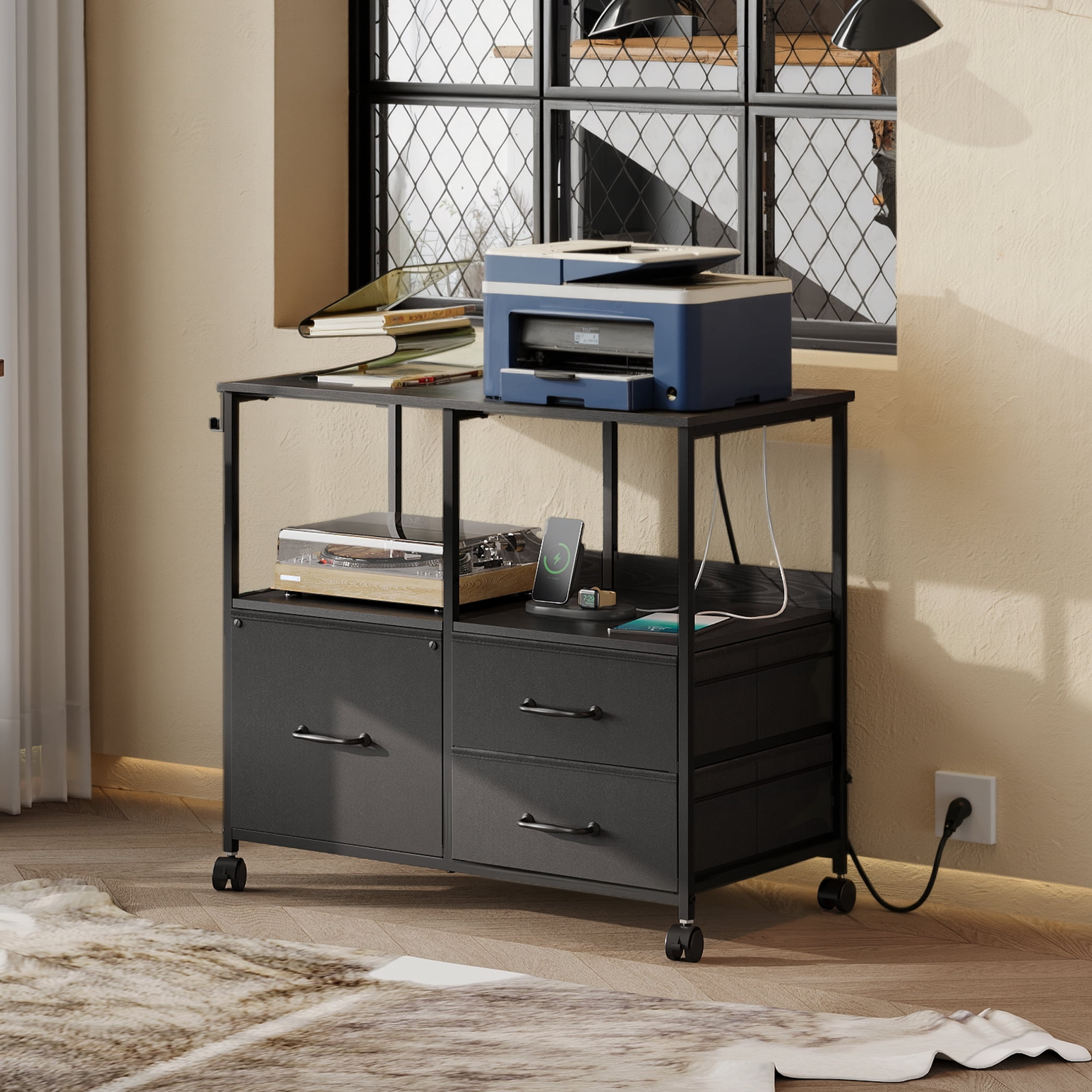 GALAXHERO 3 Drawer File Cabinet with Charging Station, Mobile Printer Stand with Storage Shelves, Filing Cabinet Furniture for Home Office, Fits Letter/A4, Black