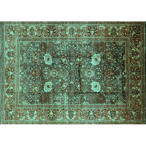 Ahgly Company Machine Washable Indoor Rectangle Oriental Turquoise Blue Industrial Area Rugs, 7' x 10'