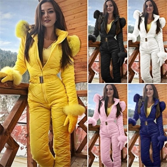 Joernso Women Winter Jumpsuit with Gloves Elastic Waist Thickened Padded Snowsuit Hooded Zipper Closure Windproof Outdoor Ski Outfit Waterproof Ice Snow Sports Jacket