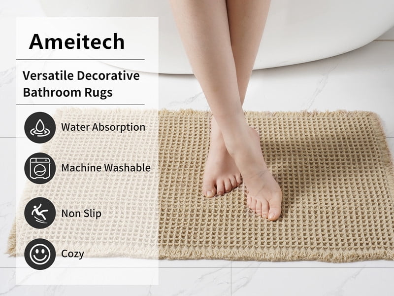 Upgraded Waffle Bath Mat, Super Absorbent Non Slip Bath Mats for Bathroom Floor, Machine Washable Bathroom Rugs with Tassels, Rubber Backed Bathroom Mats, Ultra Soft, 17" x 24", Khaki