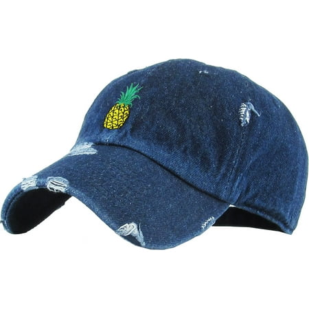 Pineapple Dark Denim Distressed Vintage Dad Hat Adjustable Baseball Cap Banana Guac Grape Melon Berry Lemon Lime Weed Marijuana Cannabis