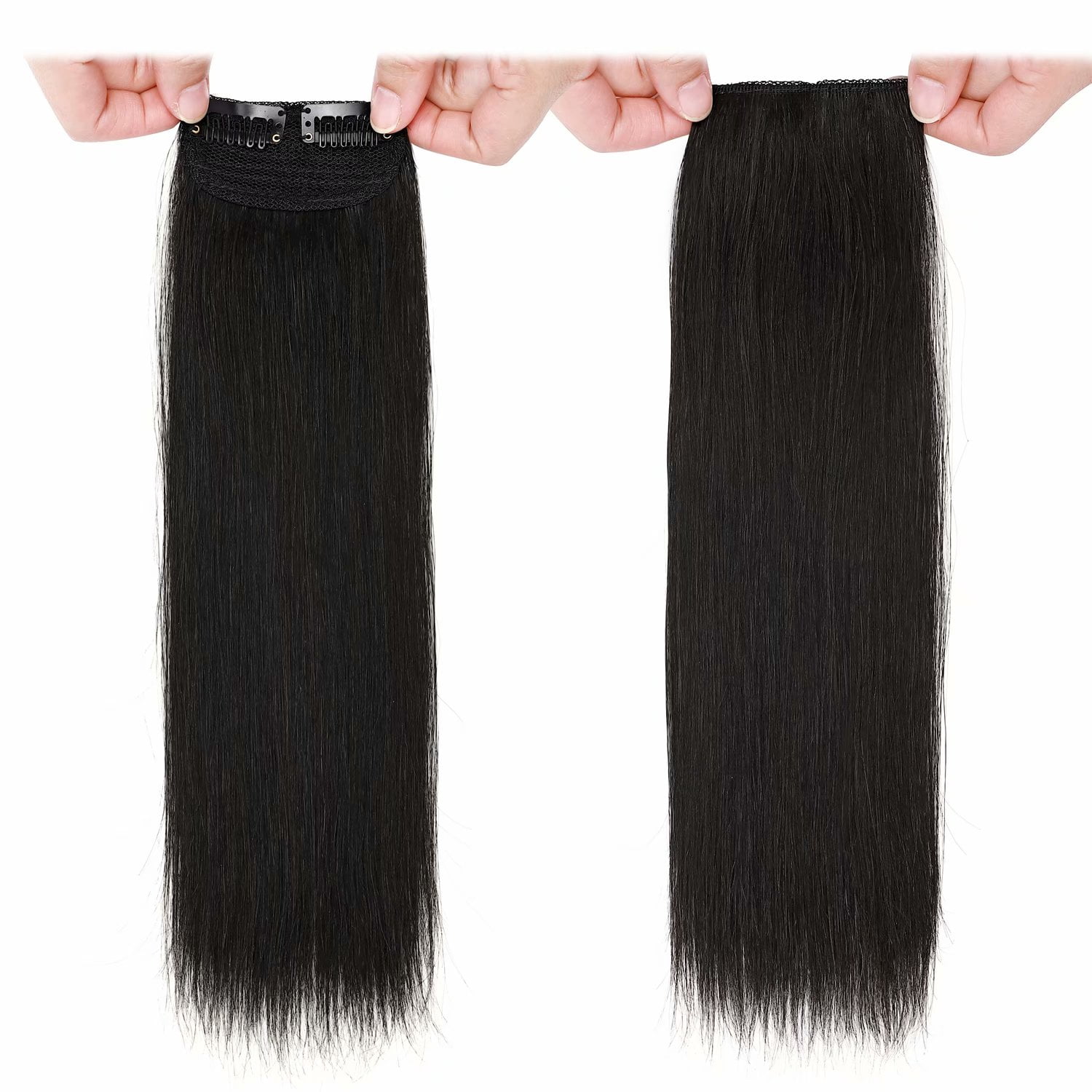 Benehair Clip in 100% Remy Human Hair Extensions Fluffy Hair Pad Invisible Hairpiece Topper Thickened Soft Thin Hair Black 2 Pieces