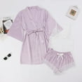thumbnail image 3 of HNMKIU Women's Satin Pajama Set Floral Lace Trim Sleepwear Nightwear With Matching Robe Light Purple,S, 3 of 6