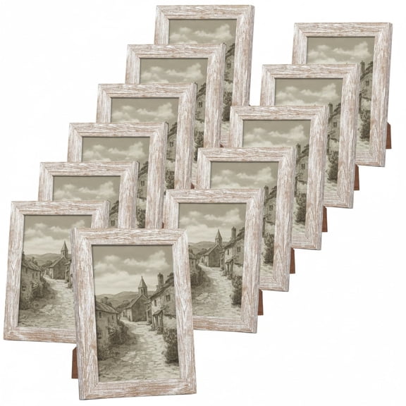 4x6 Picture Frames Set of 12.  Distressed Beige Grain 4x6 Picture Frames for Tabletop or Wall