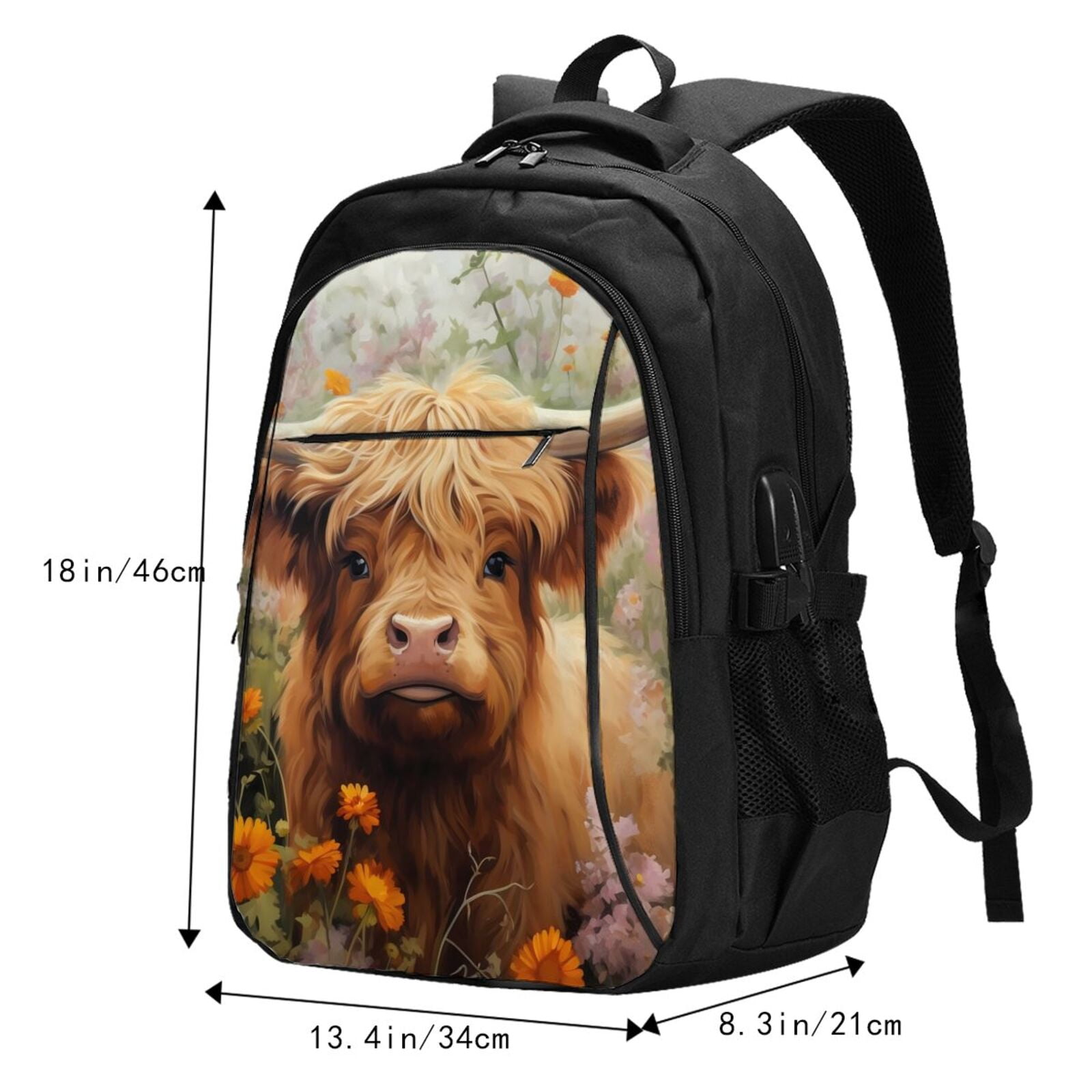 Ratiio Cute Floral Cow Print Travel Laptop Backpack,Slim Sturdy Laptops Backpack with USB Charging Port, Water Resistant College School Computer Bag