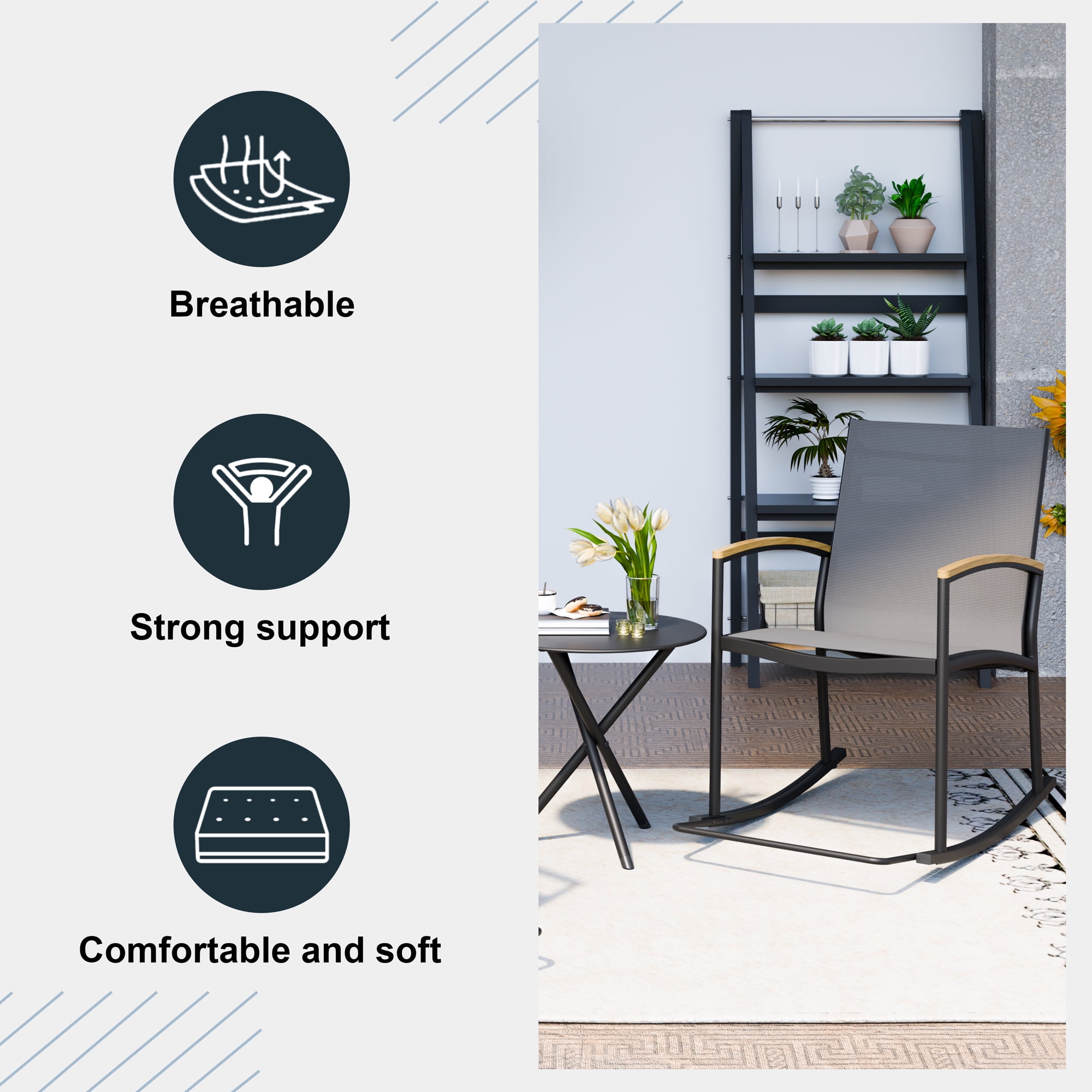 Walsunny Modern Rocking Bistro Set with Textilene Chair Conversation Sets, Light Gray Frame