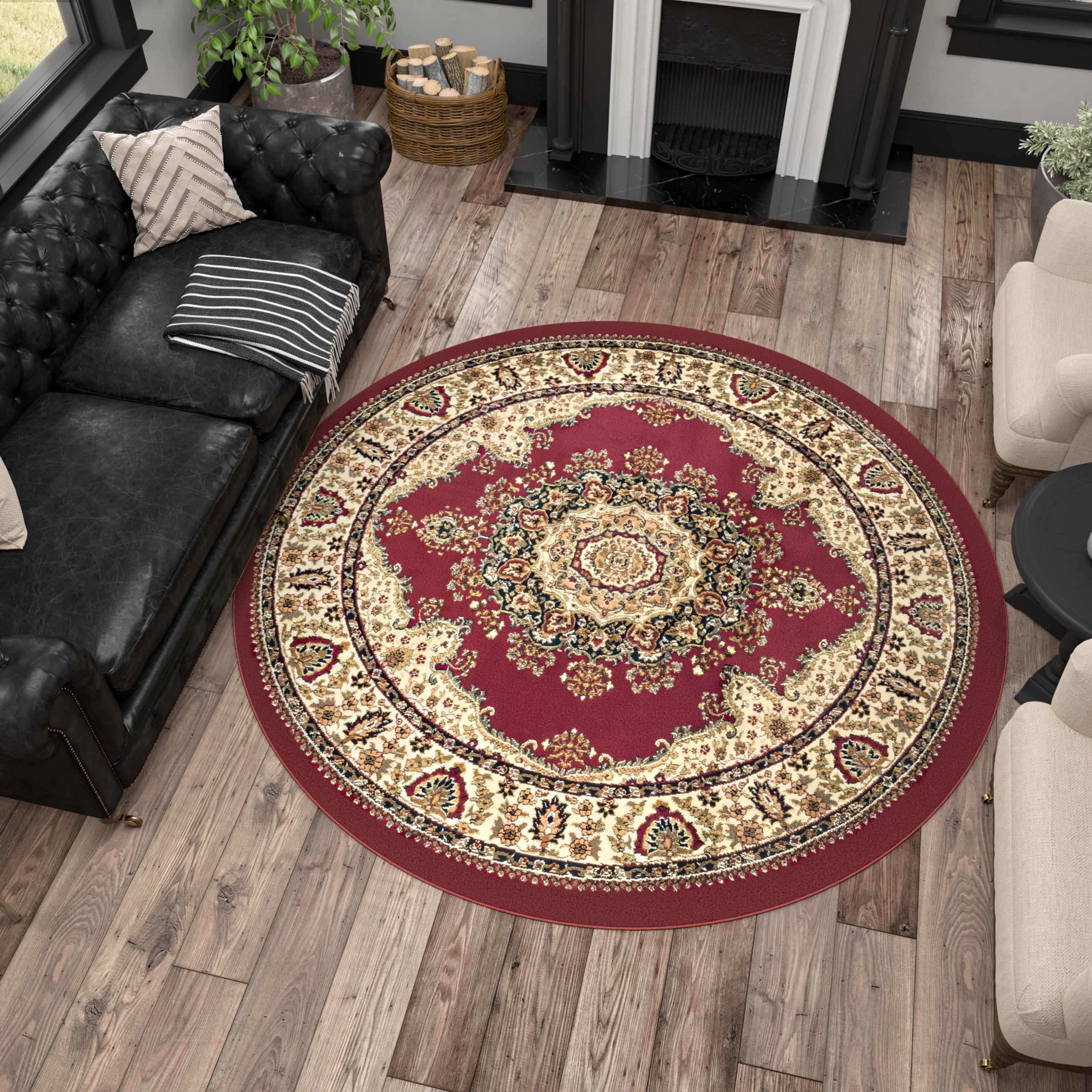 Sensation Transitional 5' Round Red and Beige Polypropylene Indoor Area Rug